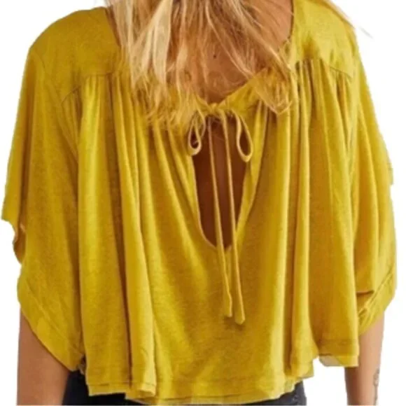 🆕Free People Sunsetter Linen Blend Top Color Golden Meadow  Sz L - Picture 2 of 15